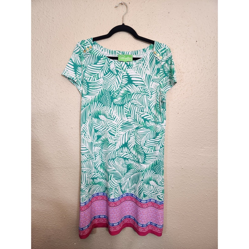 Pappagallo Womens Medium Green Palm Print Shift Dress Gold Button Shoulder